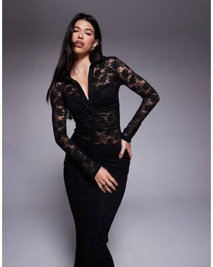 Wanderdoll Lacie Plunge Neck Long Sleeve Lace Shirt Co-Ord - Black