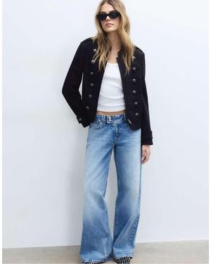 Stradivarius Low-Rise Wide-Leg Jeans With Jewel Button - Blue