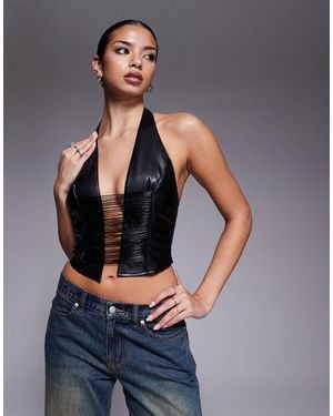 I.AM.GIA Altair Leather Look Plunge Halterneck Drape Detail Top - Gray