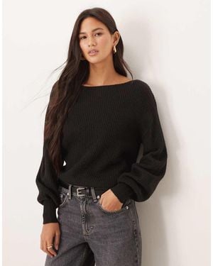 Threadbare Knitted Boat Neck Jumper With Balloon Sleeve - Black