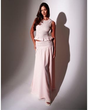 South Beach Textured Gingham Shirred Waist Maxi Skirt - Brown