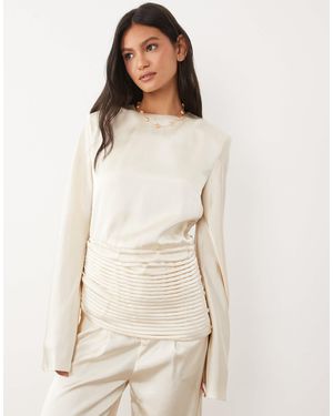 JW PEI Satin Draped Waist Bell Sleeve Top - Natural