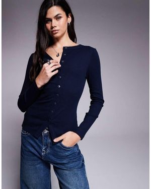 River Island Geribbelde Top Met Knopen - Blauw