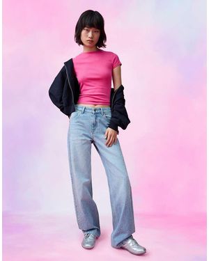 Bershka High-waist Shimmery Straight Wide-leg Jeans - Pink