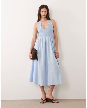 Nobody's Child Caterina Linen Blend Halter Neck Shirred Bodice Ruffle Trim Midi Dress - Blue