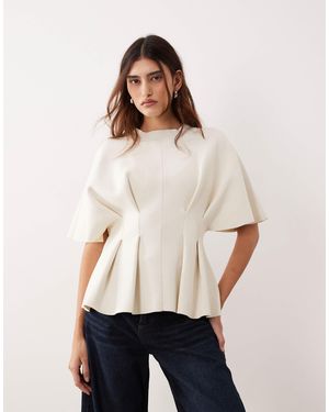 ARRANGE Knit Short Sleeve Cinched Pleated Top - Natural