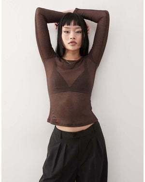 Monki Top Trasparente A Maniche Lunghe Cioccolato Scuro A Coste - Marrone