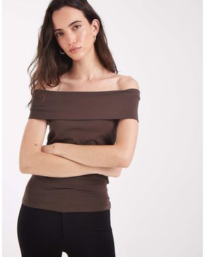 Pieces Off Shoulder Foldover Jersey Top - Brown