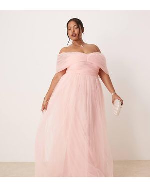 Lace & Beads Plus Bow Off Shoulder Tulle Maxi Dress - Pink