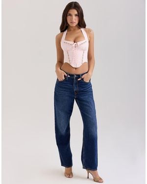 House Of Cb Demi Embroidered Stretch Cotton Corset Top - Blue