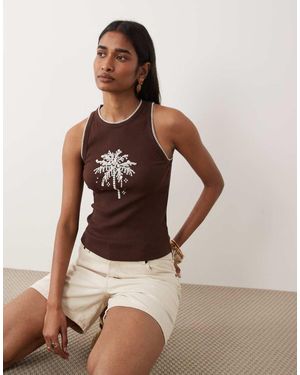 Miss Selfridge Tank Top With Embroidered Palm Tree - Brown