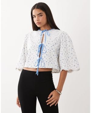 Sister Jane Dalarna Cotton Broderie Collar Bow Detail Blouse - Blue
