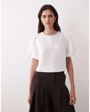 Y.A.S Volume Sleeve Clasp Front Woven Top - White