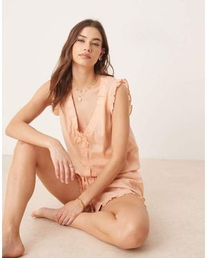 Luna Ruffle Egde Tie Front Vest Co Ord - Natural