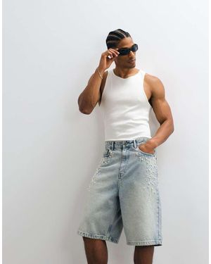 Courtside Denim Pearl Embellished Jorts - Grey