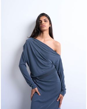 TOPSHOP Cupro Long Sleeve Off The Shoulder Twist Detail Top - Blue