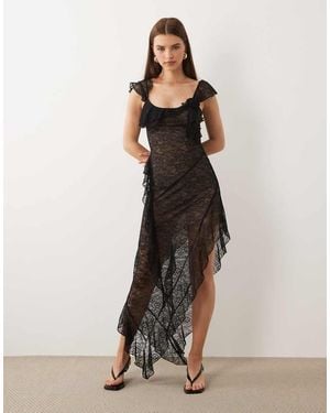 I.AM.GIA Julietta Georgette Lace Ruffle Detail Asymmetric Hem Maxi Dress - Black
