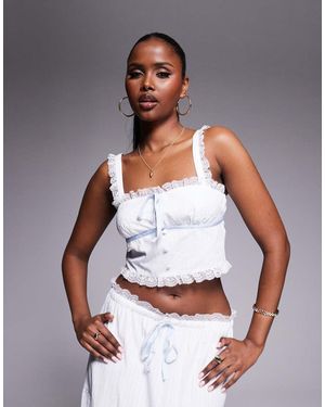 Kaiia Exclusive Textured Lace Trim Contrast Blue Tie Detail Crop Top Co-ord - White