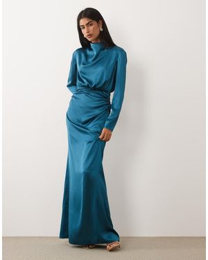 DASKA Vestido Largo De Manga Larga Con Cintura Entallada De Satén - Azul