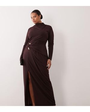 Tfnc Plus Slinky High Neck Long Sleeve High Split Trim Detail Maxi Dress - Brown
