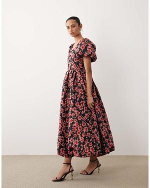 Sister Jane Floral Jacquard Puff Sleeve Midi Dress - Blue