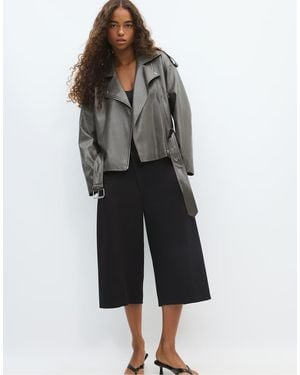 Stradivarius Leather Effect Biker Jacket With Belt - Black