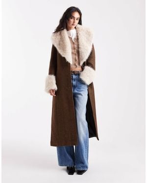 ASOS Textured Longline Penny Lane Coat With Faux Fur Trim - White