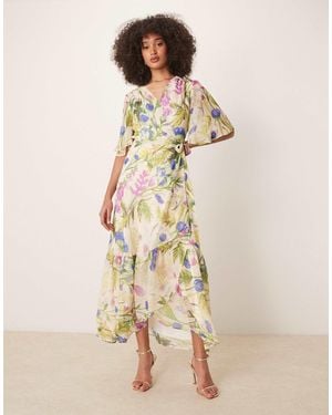Hope & Ivy Frill Sleeve Maxi Wrap Dress With Tie Waist - Natural
