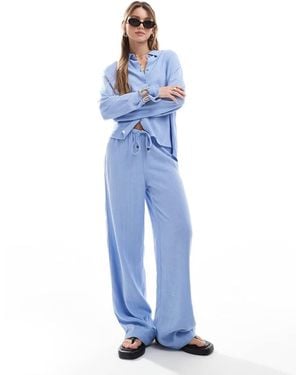 ONLY Linen Mix Pull On Wide Leg Trousers Co-ord With Beads Detail - Blue
