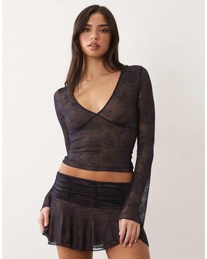 I.AM.GIA Yvette V Neck Butterfly Pattern Lace Logo Flare Sleeve Top Co-ord - Blue