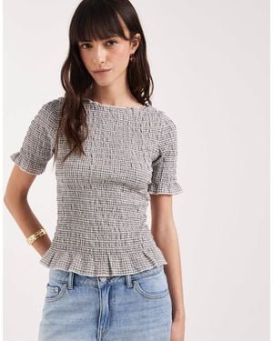 JJXX Shirred Top With Gingham Print - Gray