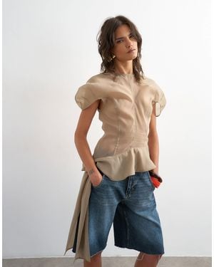 TOPSHOP Puff Sleeve Organza Ruffle Detail Top - Blue