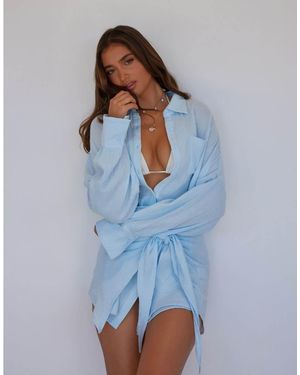 Noughts & Kisses Cotton Cheesecloth Wrap Waist Shirt Mini Dress - Blue