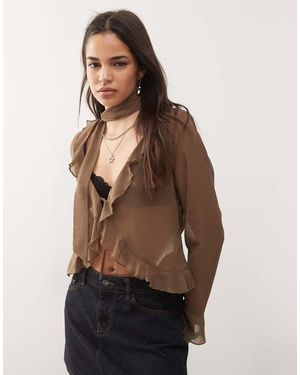 Motel Blusa Color Moca Traslúcida Con Volantes Delanteros Hirap De -Marrón