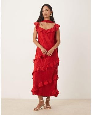 Pretty Lavish Devore Frill Sleeve Scarf Detail Ruffle Maxi Dress - Red
