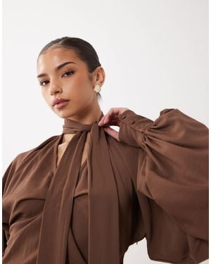 ASOS V Neck Tie Detail Batwing Blouse - Brown