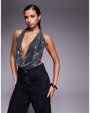 Edikted Sequin Backless Halter Neck Top - Blue