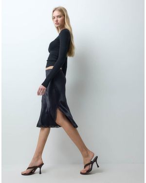 ASOS Midi Rok Van Satijn Met Kanten Afwerking En Split - Blauw