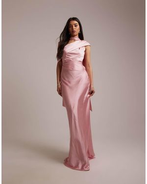Six Stories Bridesmaids Satin Drape One Shoulder Maxi Dress - Pink