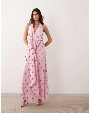 ARRANGE Vestido Largo Escotado Con Cuello Halter Anudado Y Diseño Adornado - Rosa