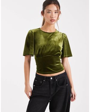 ASOS Velvet Puff Sleeve Top With Tie Back - Green