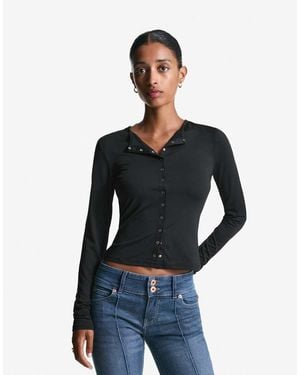 Bershka Long Sleeve T-shirt With Buttons - Blue