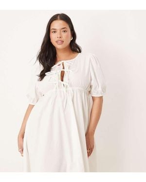 Esmee Curve Exclusive Puff Sleeve Tie Front Mini Beach Dress - White