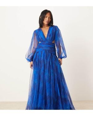 LACE & BEADS Plunge Drop Hem Tulle Maxi Dress - Blue