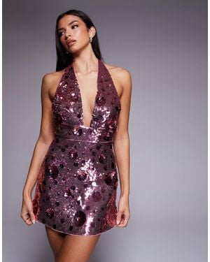 Oh Polly Flower Sequin Halter Mini Dress - Purple