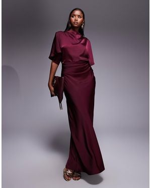 ASOS Satin High Neck Blouson Maxi Dress With Flutter Sleeve - Red