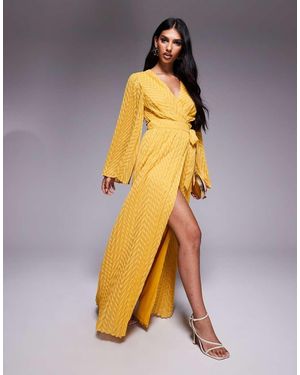 TFNC London Jacquard Pleated Wrap Maxi Dress - Yellow