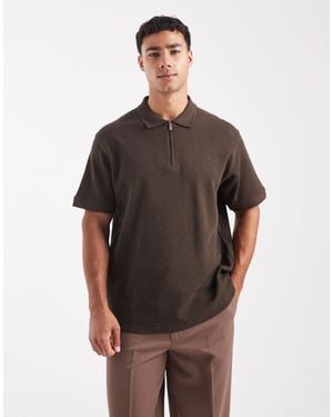 Jack & Jones Premium Zip Textured Polo - Brown