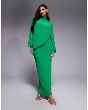 ASOS Modesty Mesh Wrap Over Draped Blouson Sleeve Maxi High Neck Dress - Green