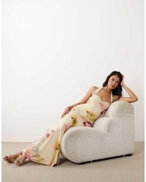 ASOS Floral Printed Sweetheart Neck Mesh Fishtail Maxi Dress - Natural